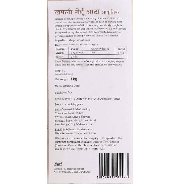 Conscious Food Khapli Atta (Emmer Wheat Flour ) 1kg, Natural Chakki-Ground Atta